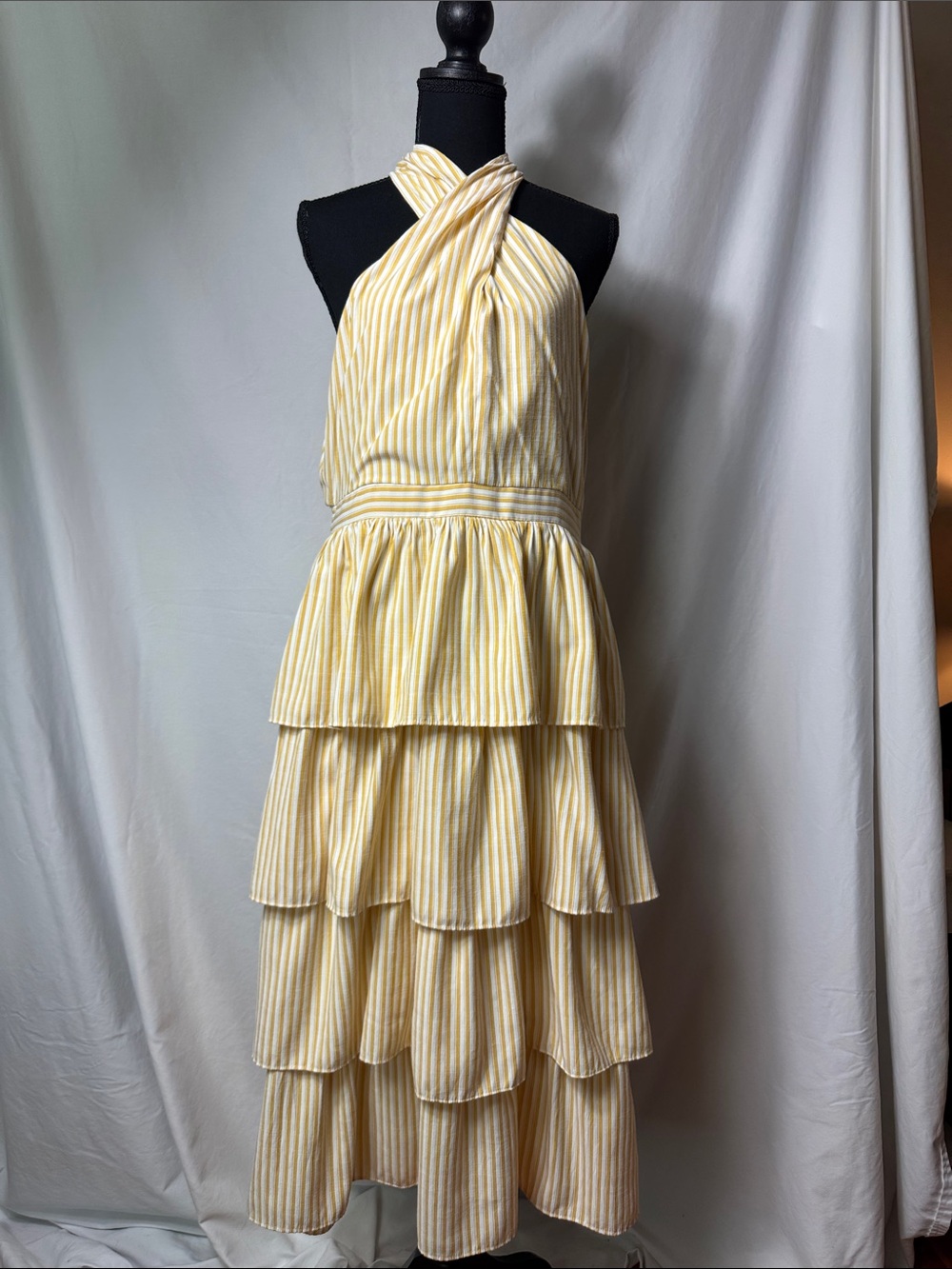 Skies Are Blue Yellow and White Striped Tiered Dress